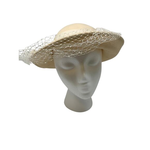 Vintage Cream Doeskin Wool Felt Hat Womens Bow Veil Geo W Bollman & Co Inc USA - Picture 1 of 9